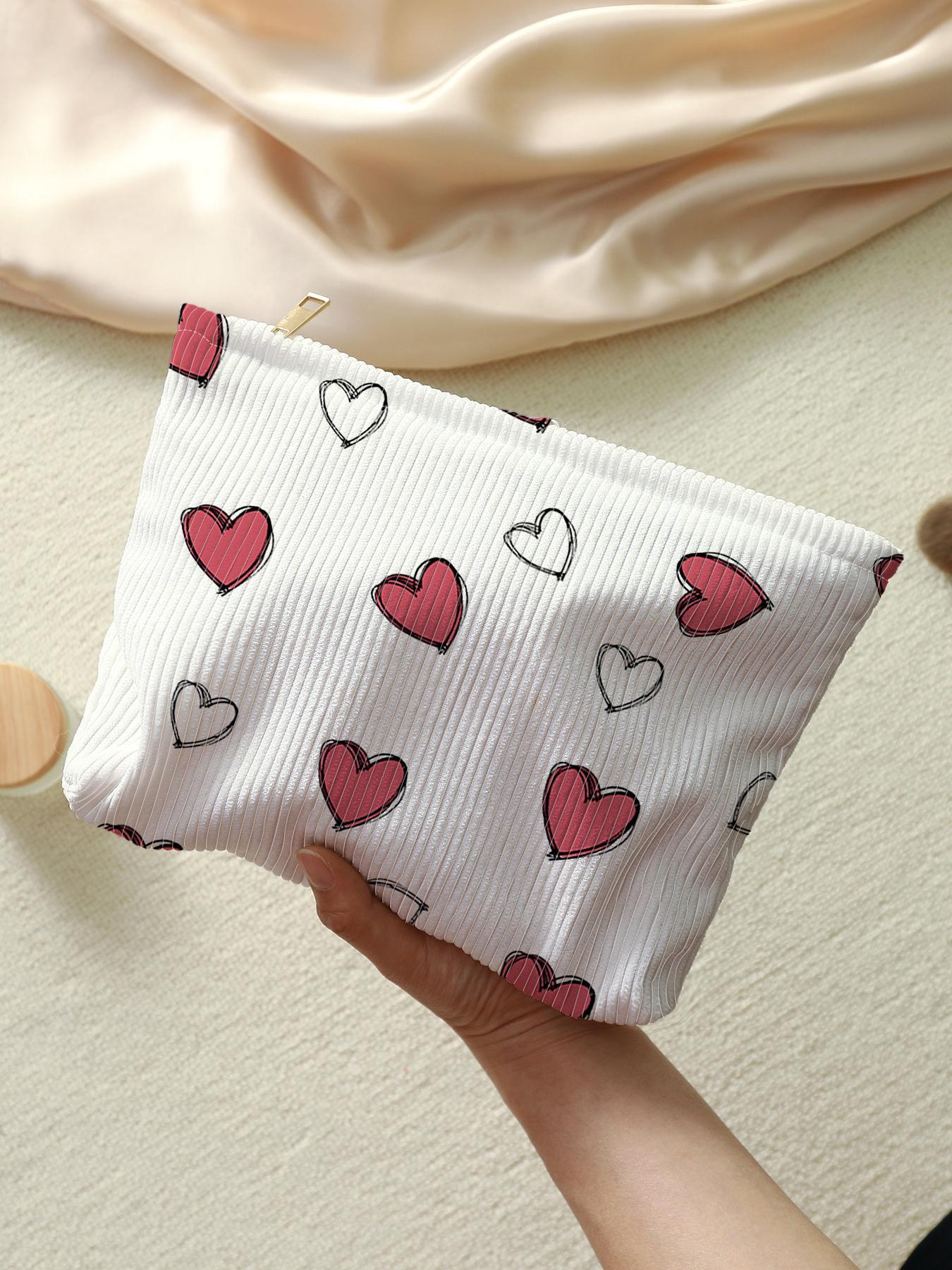 Cute Heart Pattern Makeup Bag, Multifunctional Large Capacity Cosmetic Storage Bag, Cosmetic Pouch, Handheld Cosmetic Pouch, Casual Versatile Zipper Corduroy Makeup Bag for Travel & Daily Use, Valentine's Day, Gift