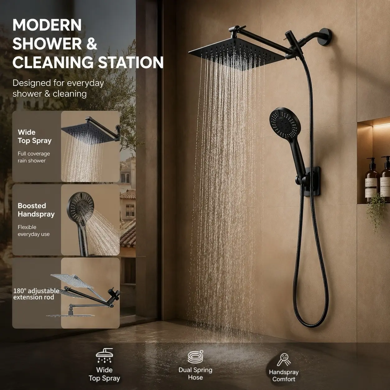 High-Pressure Matte Shower Set, Stainless Steel Square Rainfall Head, 6+1 Function Handheld Shower, Adjustable Arm, Low Water Pressure