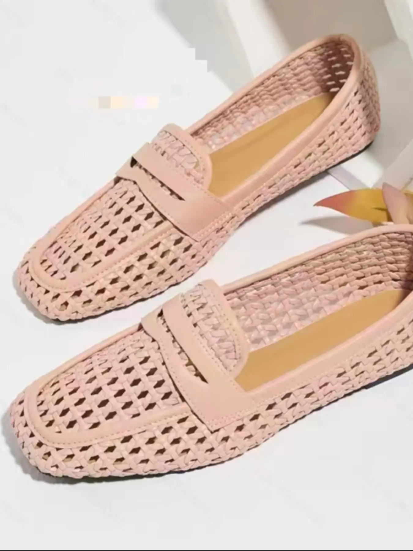 New Women's Square Toe Fashion Loafers, Comfortable Breathable Woven Hollow Office Commute Shoes, One-Click Slip-On Mom Style Flats