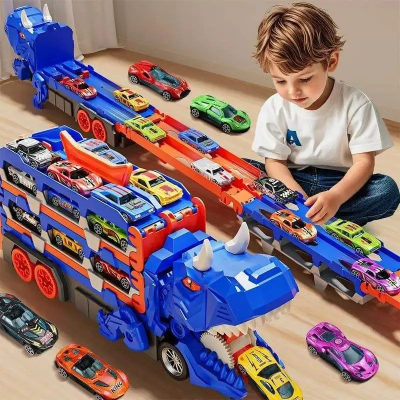 Dinosaur Transport Truck Toy, Three-In-One Foldable Track, Storage Space Design， 6 Mini Cars, Perfect Birthday Gift for Boys