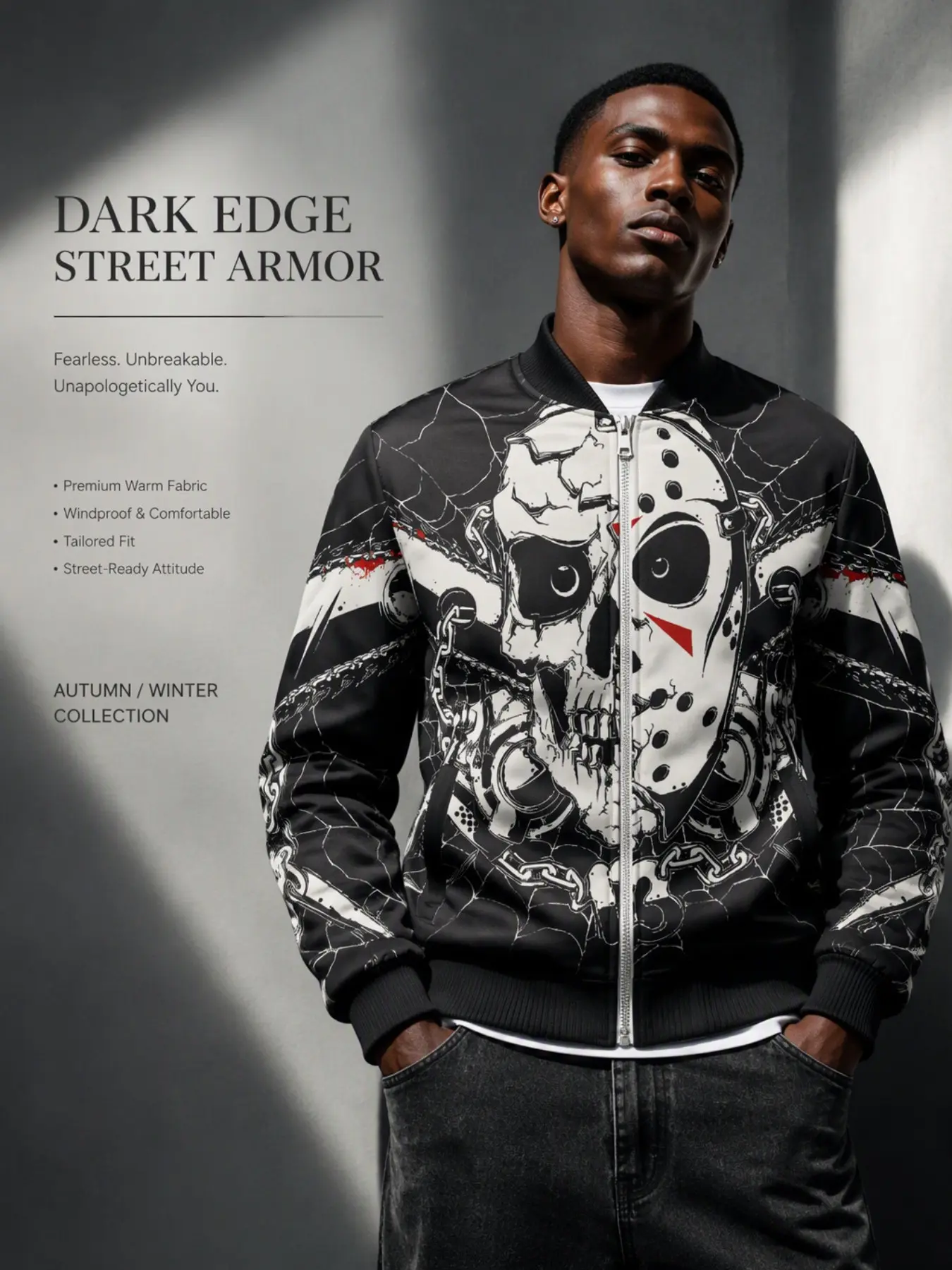 Men's Skull Jason Hockey Mask Full Zip Bomber Jacket, Vintage Chainsaw Spider Web Print, Gothic Streetwear Fall Winter Coat