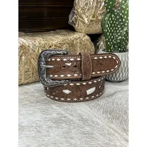 Men Western Belt Full Toled  2 Inch Brown White