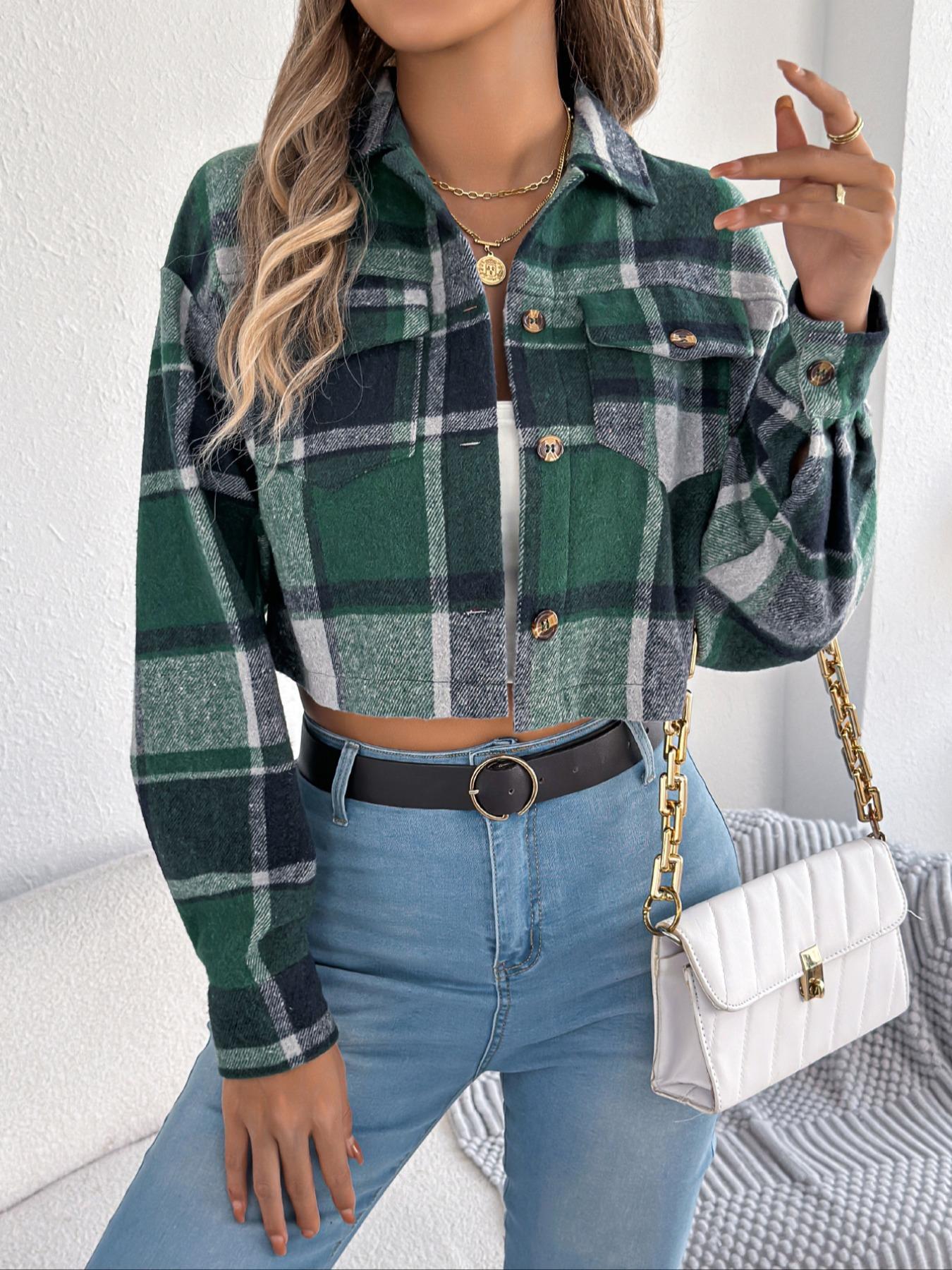 Women's Plaid Print Button Front Drop Shoulder Crop Jacket Coats, Casual Style Long Sleeve Pocket Collared Outerwear for Fall & Winter, Ladies Clothes for Daily Wear Women's Plaid Print Button Front Drop Shoulder Crop Jacket Coats, Casual Style Long Sleeve Pocket Collared Outerwear for Fall & Winter, Ladies Clothes for Daily Wear