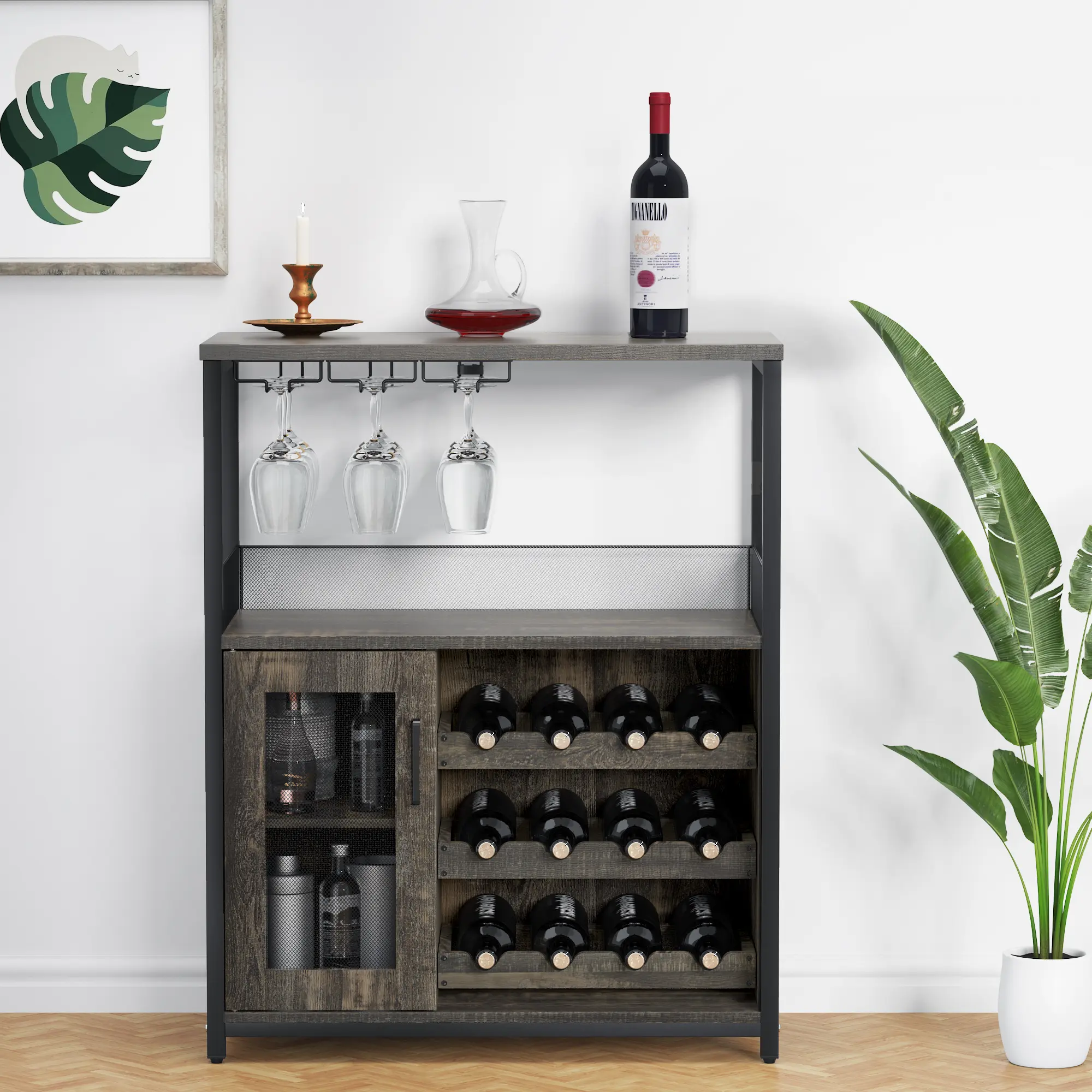 Garvee Modern 3-Tier Wine Bar Cabinet with LED Lights – Detachable Wine Rack, Glass Holder, Mesh Door, Ample Storage – Liquor Sideboard Buffet for Home, Kitchen, Dining, Living Room