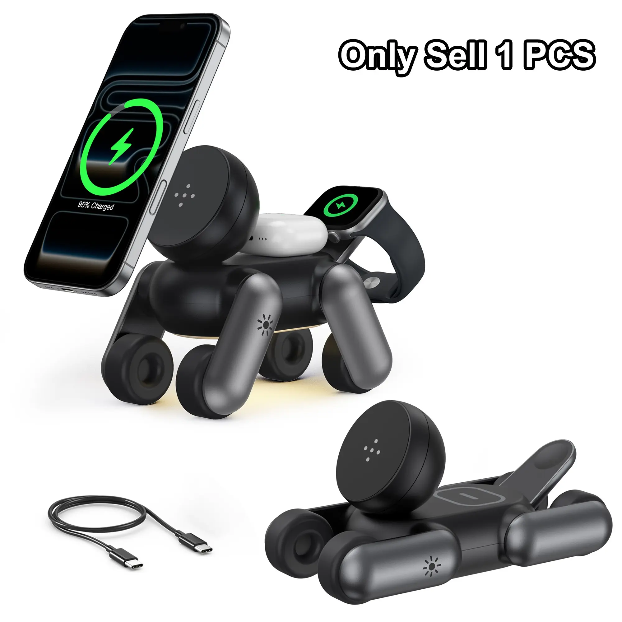 3 in 1 Wireless Charging Station for Apple Devices, Foldable Magnetic Wireless Charger Stand with Night Light, Desktop Ornament Charger for iPhone 17 16 15 14 13 12 Series, for AirPods 4 3 2 Pro, for Apple Watch