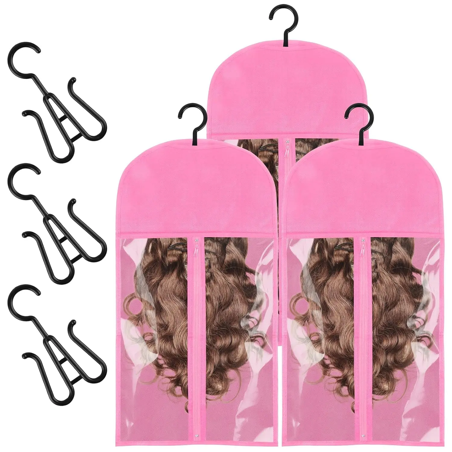 Wig Storage Bags with Hanger, 3 count Portable Wig Bag, Hair Extension Holder,  Hair Extension Storage for Multiple Wigs,  Salon Travel (23.6 x 11.4 in)