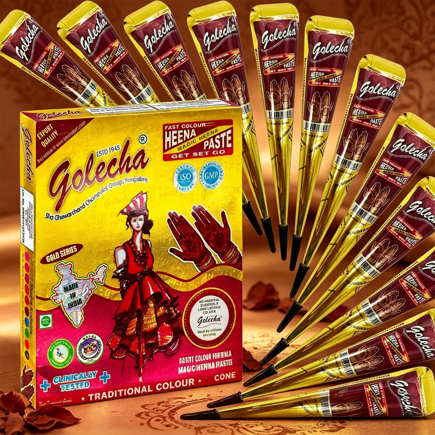 12 brown herbal henna cones for skin perfect for beach trips, plant-based water-resistant mehndi for ocean side shooting. Natural photogenic brown shade, template-free easy drawing for travel check-ins and home body art.