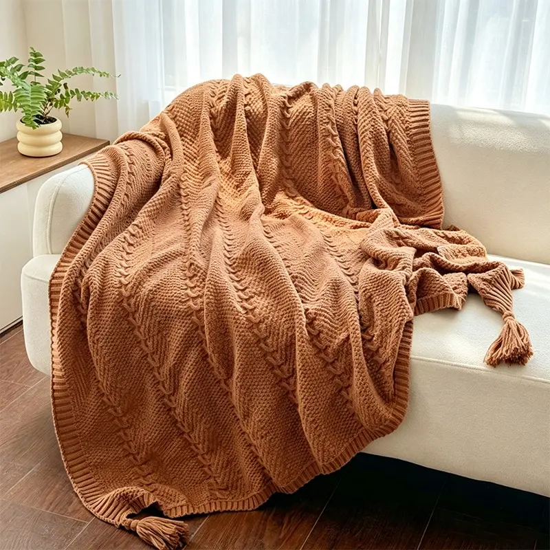 Cable Knit Tassel Decor Throw Blanket, Soft Breathable Knitted Cover, Lightweight Warm Layer for Sofa Naps, Bedroom Decor, Office & Travel