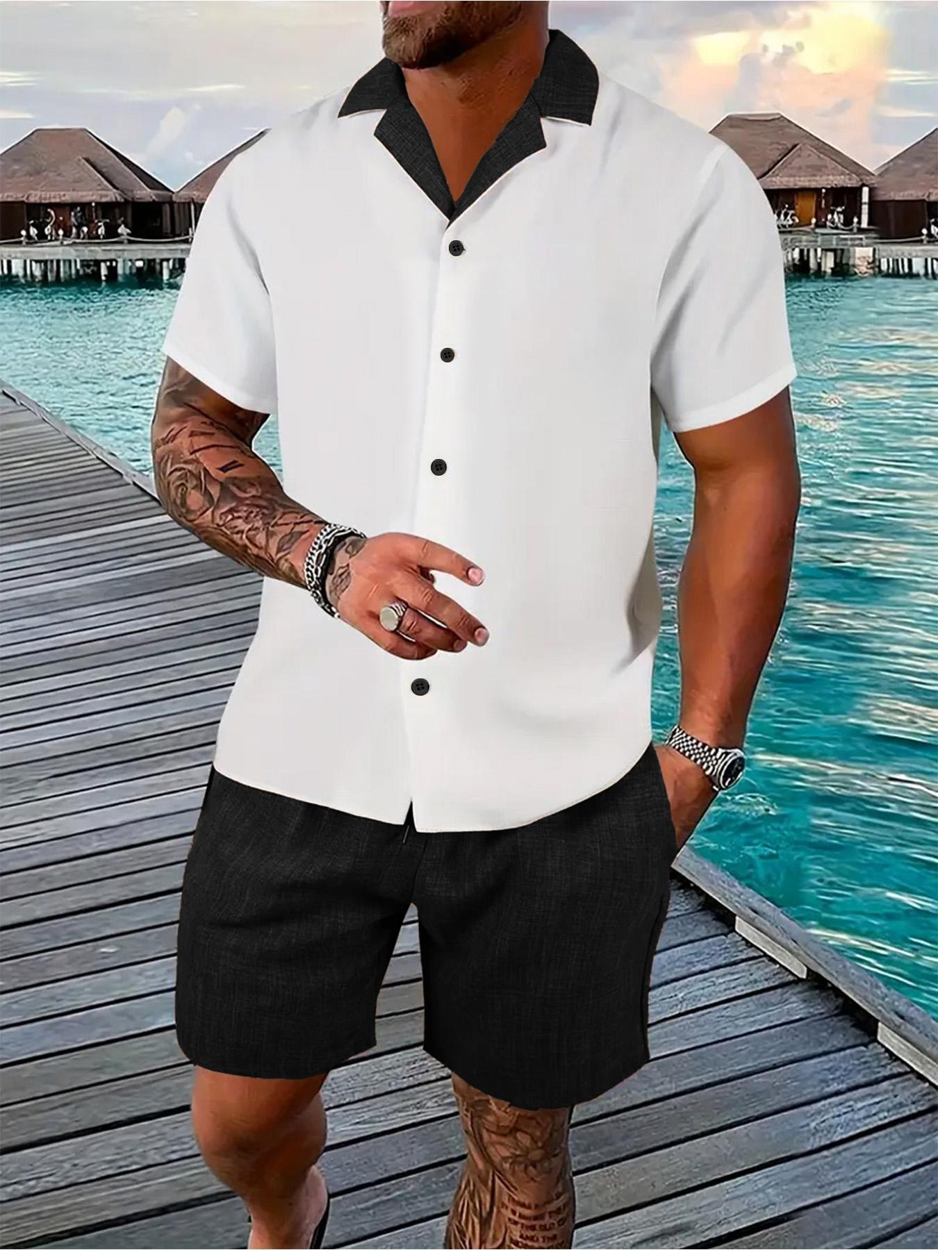 Men's Colorblock Print Short Sleeve Top & Shorts Loungewear Set, Regular Fit Casual Comfy Two-piece Pj Set, Men's Sleepwear for All Seasons, Menswear