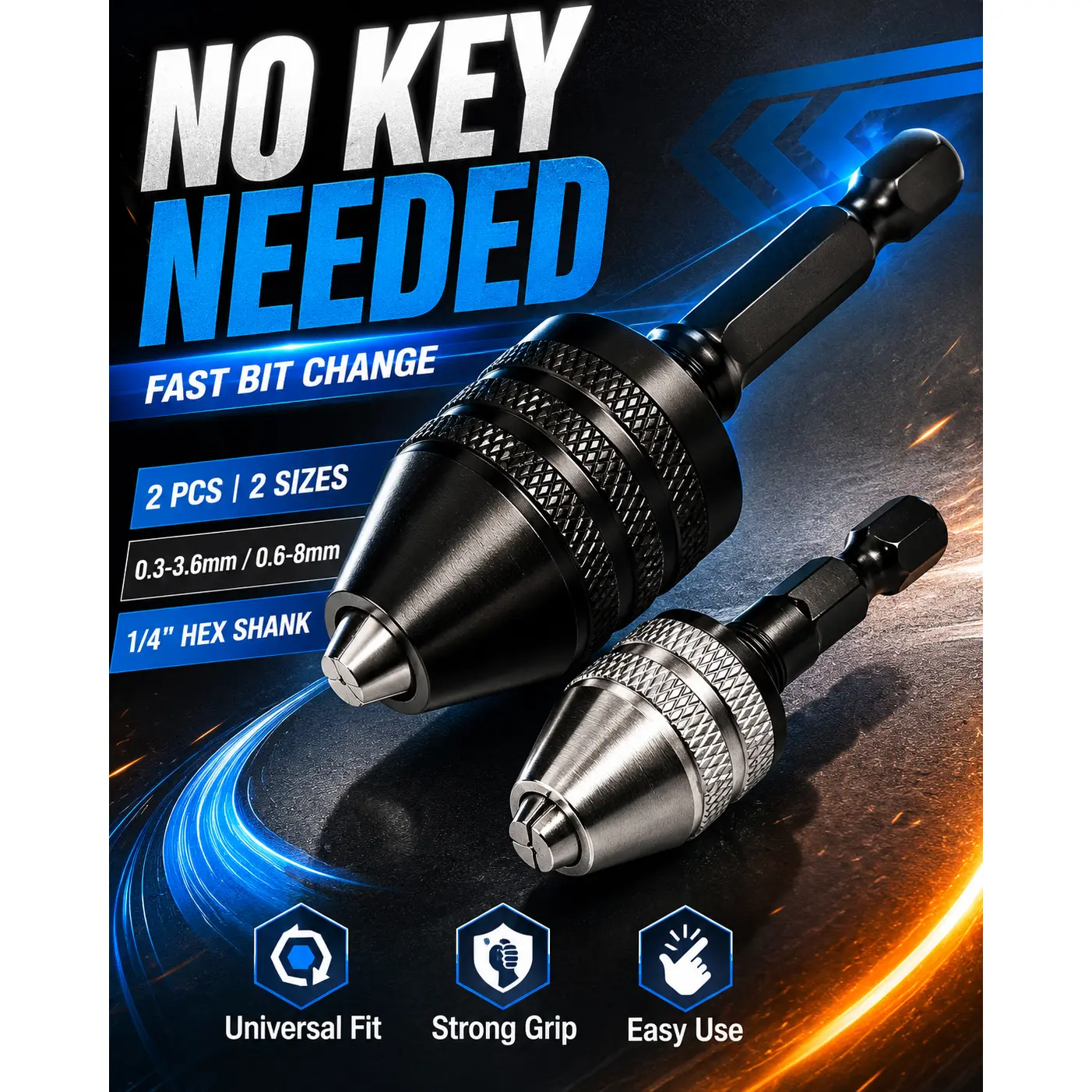 2PCS Drill Tool Set Keyless Carbon Steel Chuck Adapter - 1/4" Hex Collet Quick Instant Change, 0.3-8mm Universal Fit for Drill, Impact Driver (Home Supplies Accessory), Quick Release