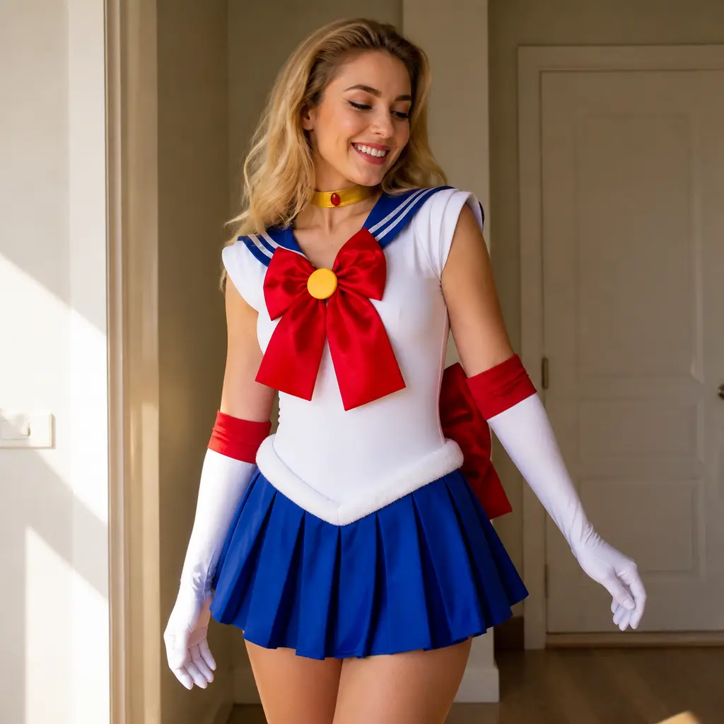 Women’s Anime Sailor Style Cosplay Costume Set with Blue Pleated Skirt, Red Bow, Gloves and Neck Accessories, Polyester, Short Skirt