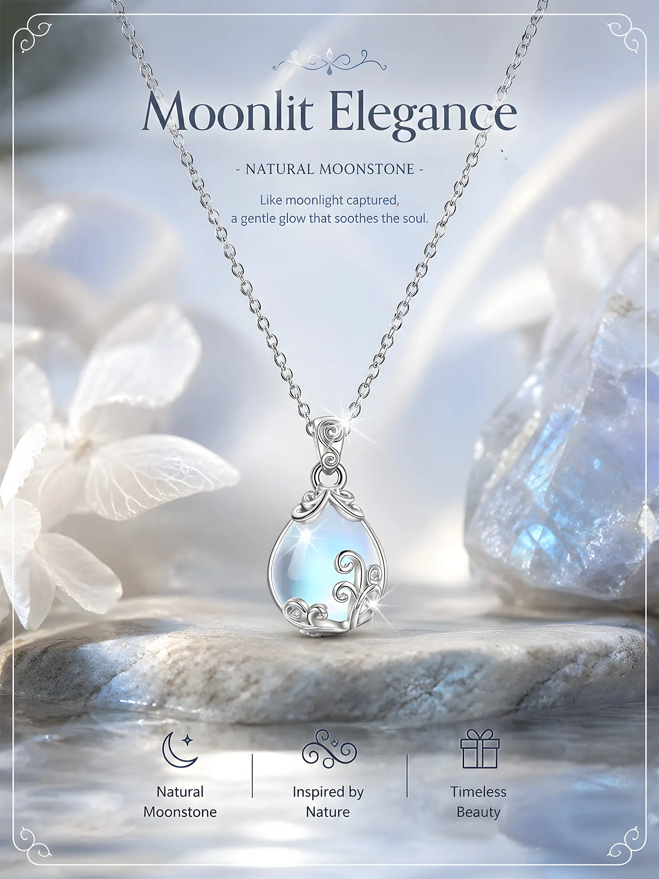 Women's Elegant S925 Silver Moonstone Necklace, Fashionable Pendant Chain, Hypoallergenic, Daily Wear, Gift for Birthday & Valentine's Day, Celestial Pendant Necklace, Birthday Gift Jewelry
