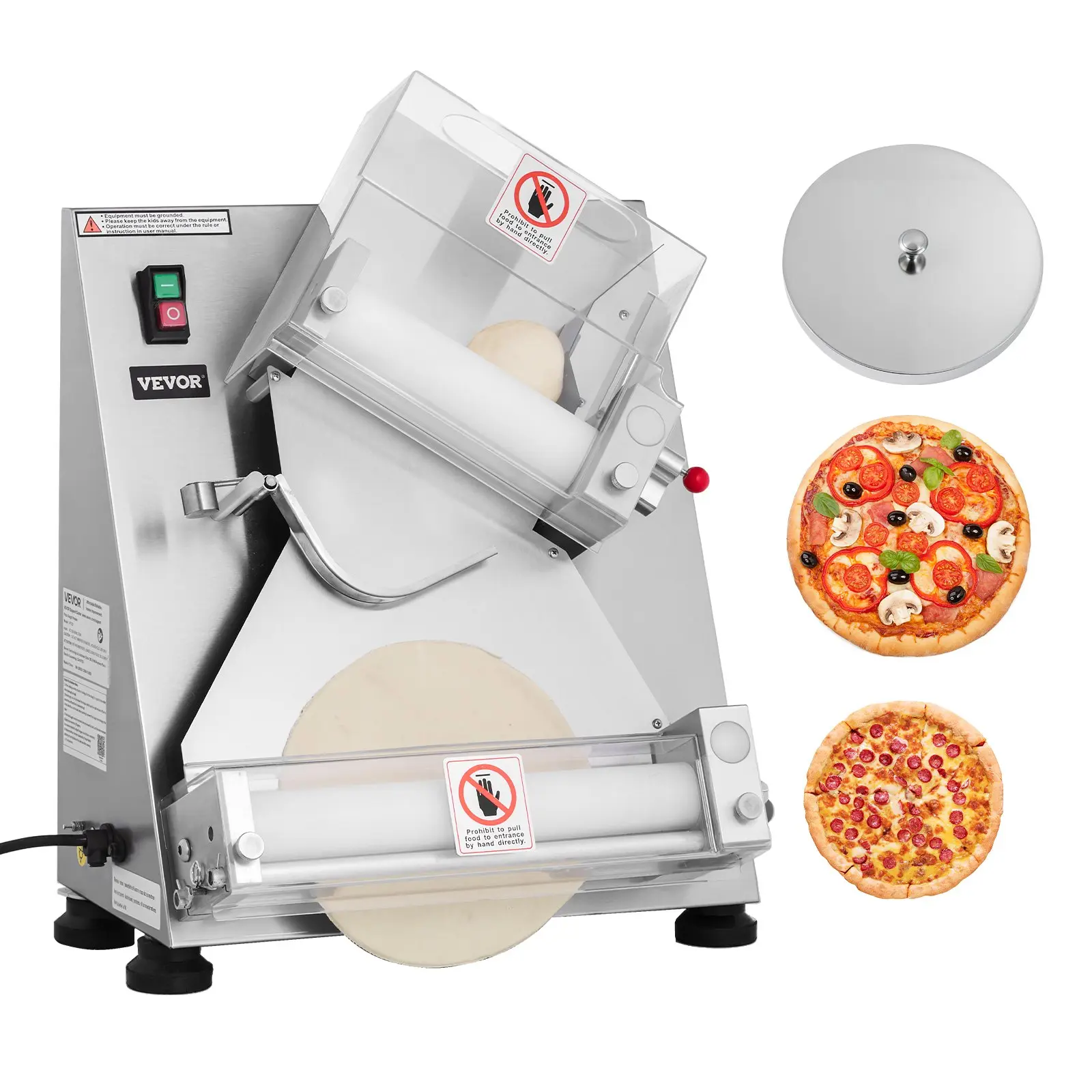VEVOR Stainless Steel Automatic Pizza Dough Roller Sheeter, 3-14 in Commercial Electric Pasta Maker (370W, 260 Pcs/Hour), Manual Adjustment Thickness, Transparent Dough Press Lid, 18.3x19.7x25.2 in, 75 lbs, Adjustable