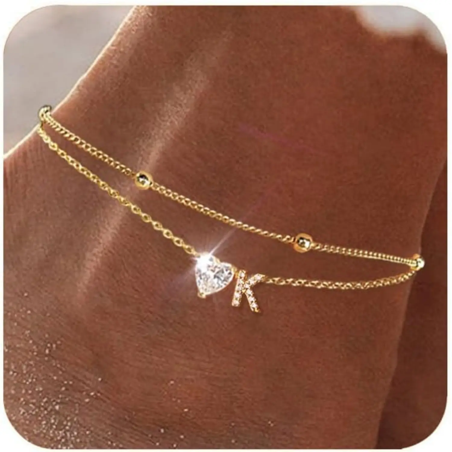 Charm Women 14K Gold Plated Anklet Bracelets Inlaid Shiny Heart Cubic Zirconia Pendant Ankle Chain Dainty Layered Initial Letter A-Z Waterproof Tennis Anklets Beach Foot Jewelry