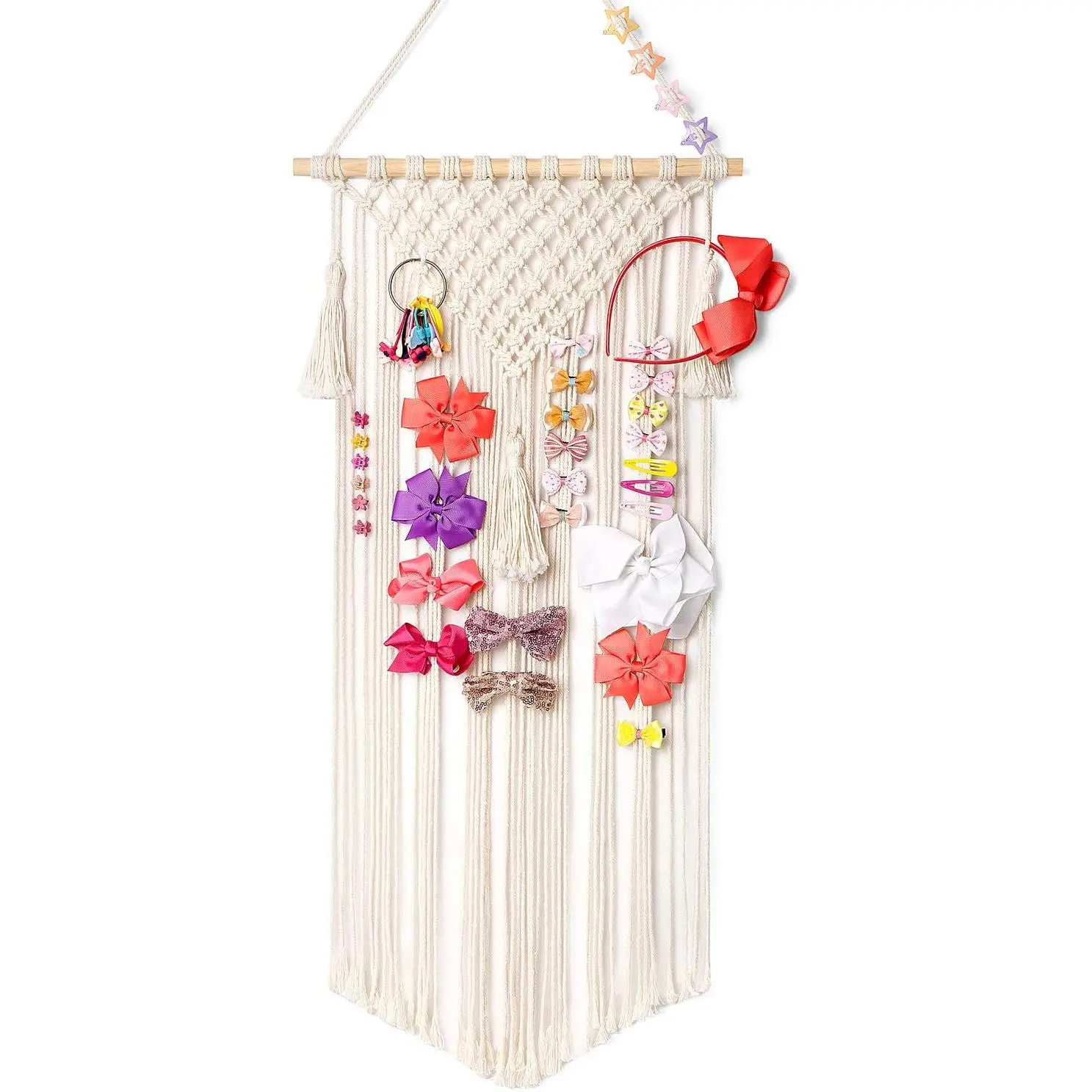 Macrame Hair Bow Holder  Hair Clips Hanger Headband Storage Organizer Fringe Boho Wall Decor Tassels Bow Organizer for  Girls Room Ornament ,(Clips Not Included)