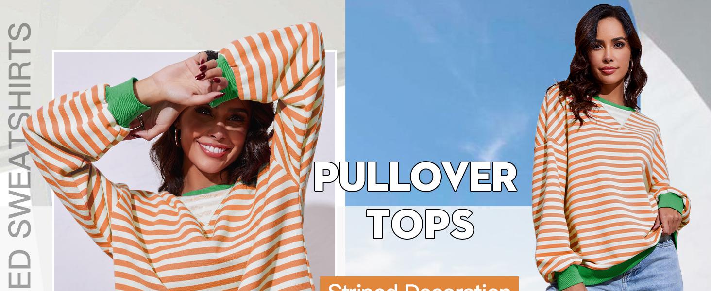 【Up To 3XL】FMEYOA Womens Striped Oversized Sweatshirt Color Block Crew Neck Long Sleeve Shirt Casual Loose Pullover Top Y2K Clothes