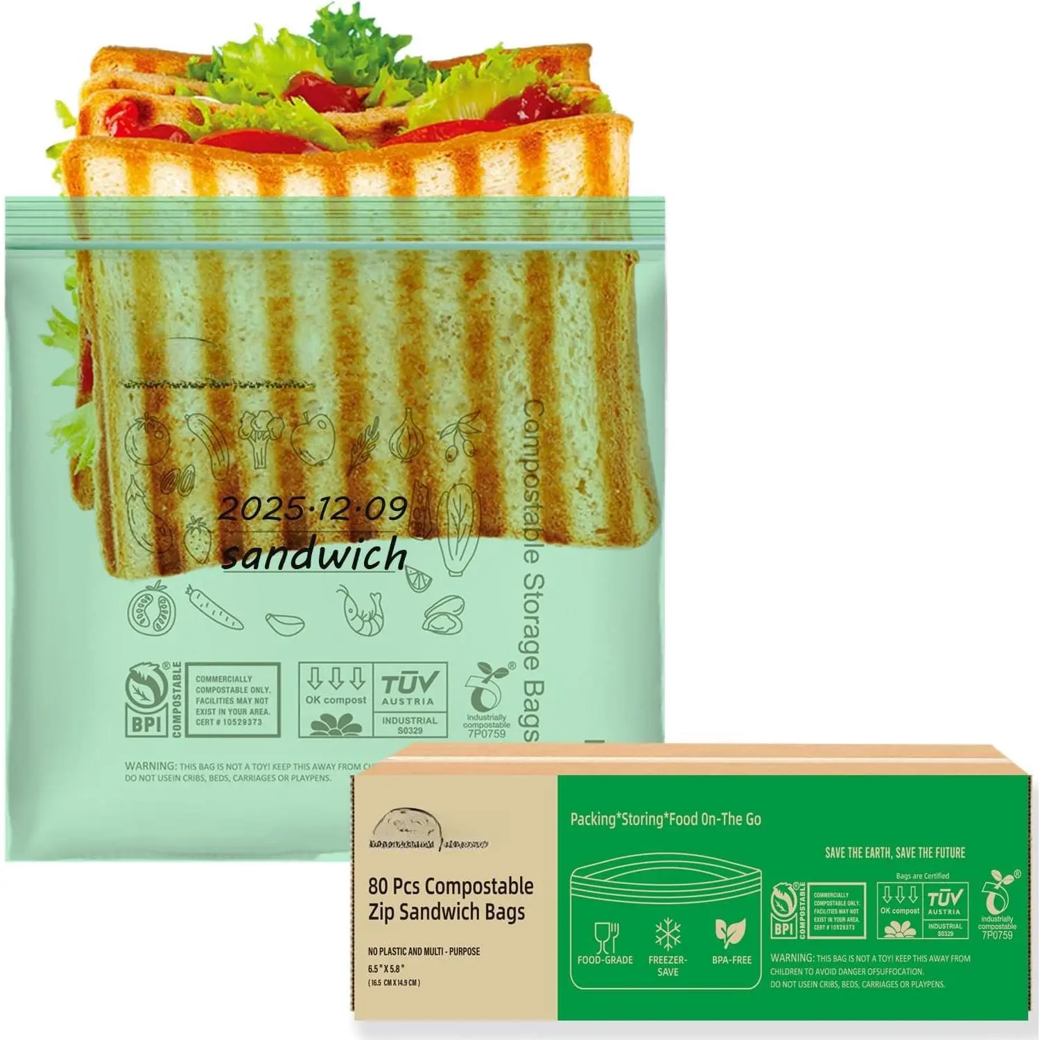 Compostable Sandwich  Storage Freezer Bags, 80 Count | 2 Mil | 6.5 IN x 5.8 IN, Freshness Easy Open   Reclosable Compost Zip Bags