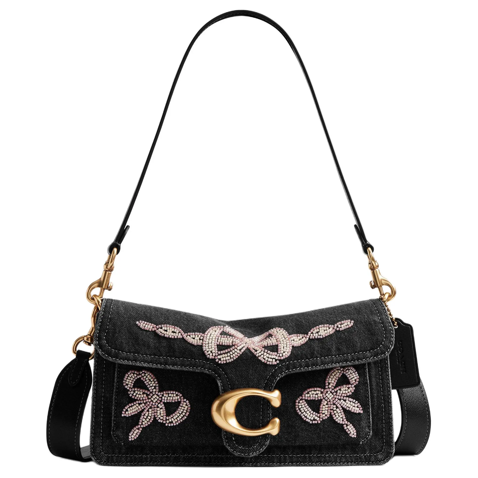 COACH Tabby 26 Crossbody Bag for Women – Bow-Embellished Detachable Strap, Fabric, Medium, Black