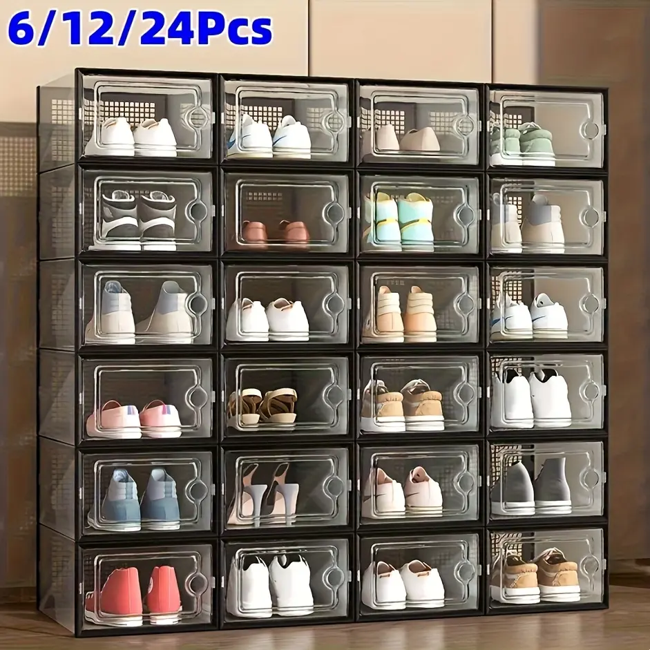 Clear Stackable Shoe Storage Containers with Lid, Free Combination Foldable Shoe Rack for Bedroom Dorm Entryway