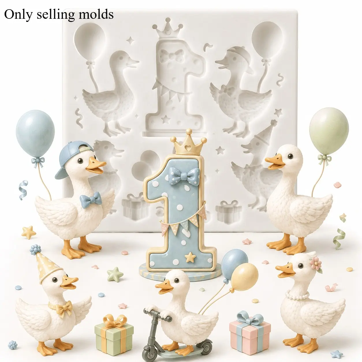 1st Birthday Duck Candy Mold, Silicone Lollipop & Chocolate Mold with Number One, Balloon, Crown, Gift and Party Duck Designs, DIY Birthday Candy, Fondant, Gummies & Cake Decorations, Silicone Molds For Chocolate