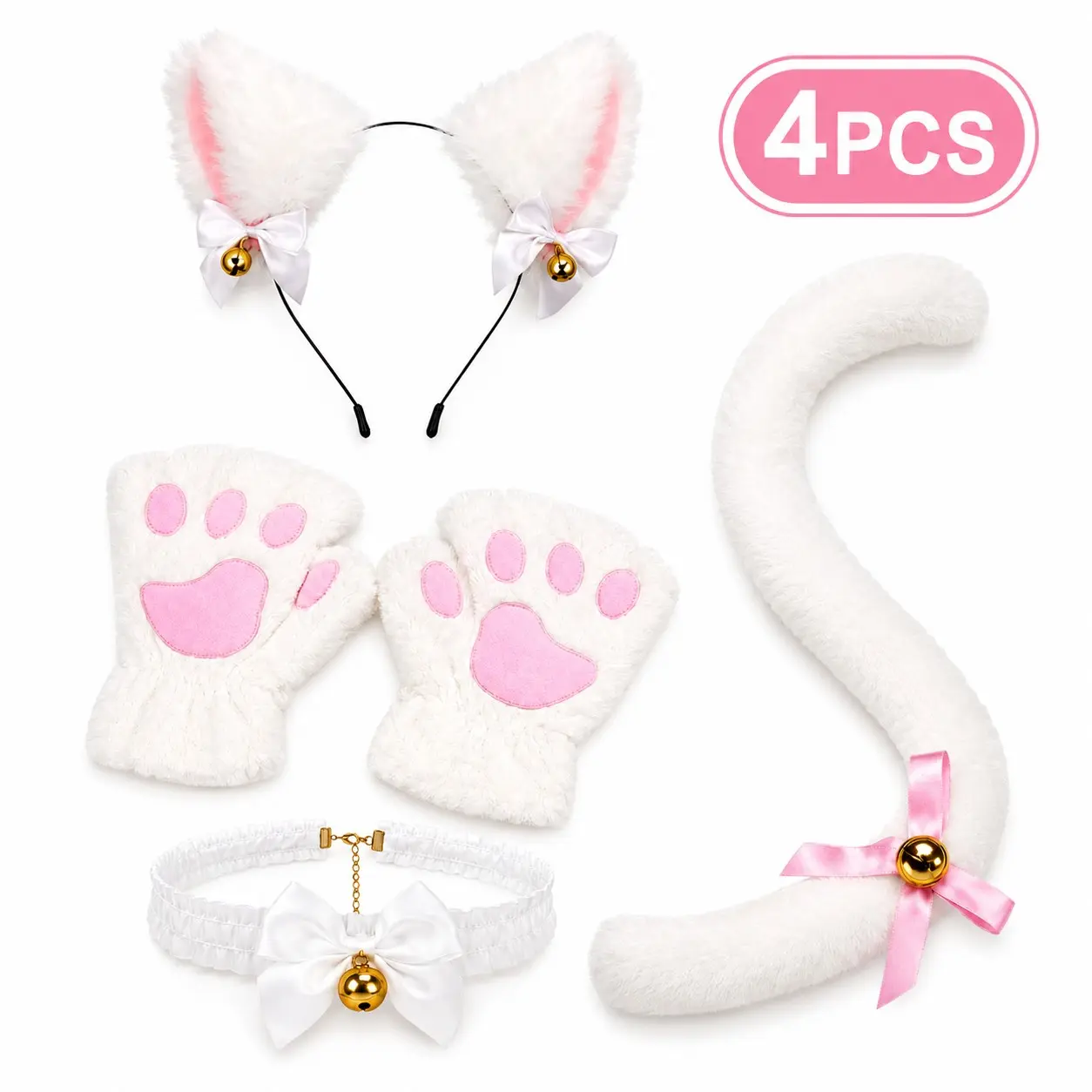 Halloween Cat Costume Accessory Set, Plush Ear Headband, Paw Gloves, Bell Choker & Tail, / Cosplay Party, Party Props