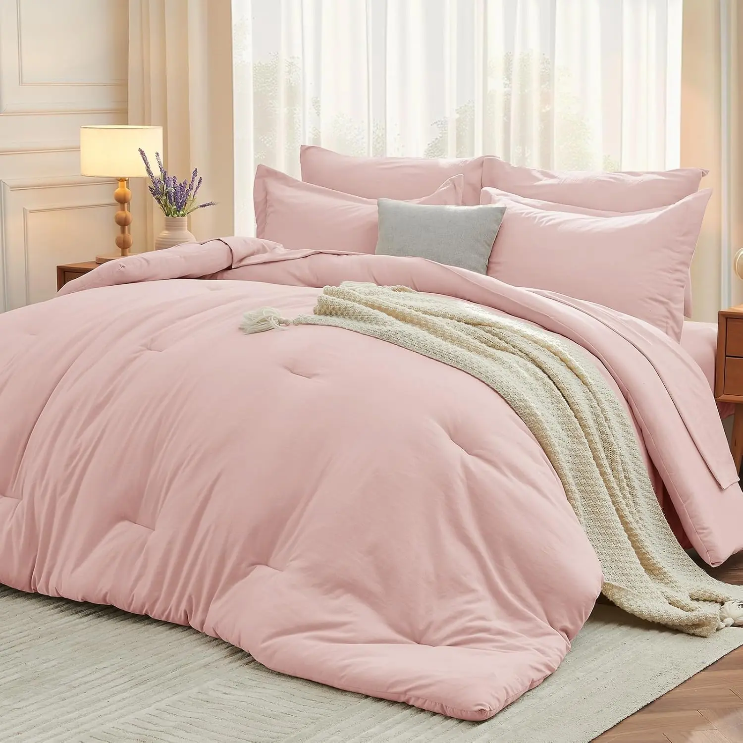 MUXHOMO 7 Pieces Queen Comforter Set, Soft Bed in a Bag Queen Size, All Season Bedding Set with Comforter, Flat Sheet, Fitted Sheet, Pillowcases & Shams, Beige
