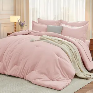 MUXHOMO 7 Pieces Queen Comforter Set, Soft Bed in a Bag Queen Size, All Season Bedding Set with Comforter, Flat Sheet, Fitted Sheet, Pillowcases & Shams, Beige