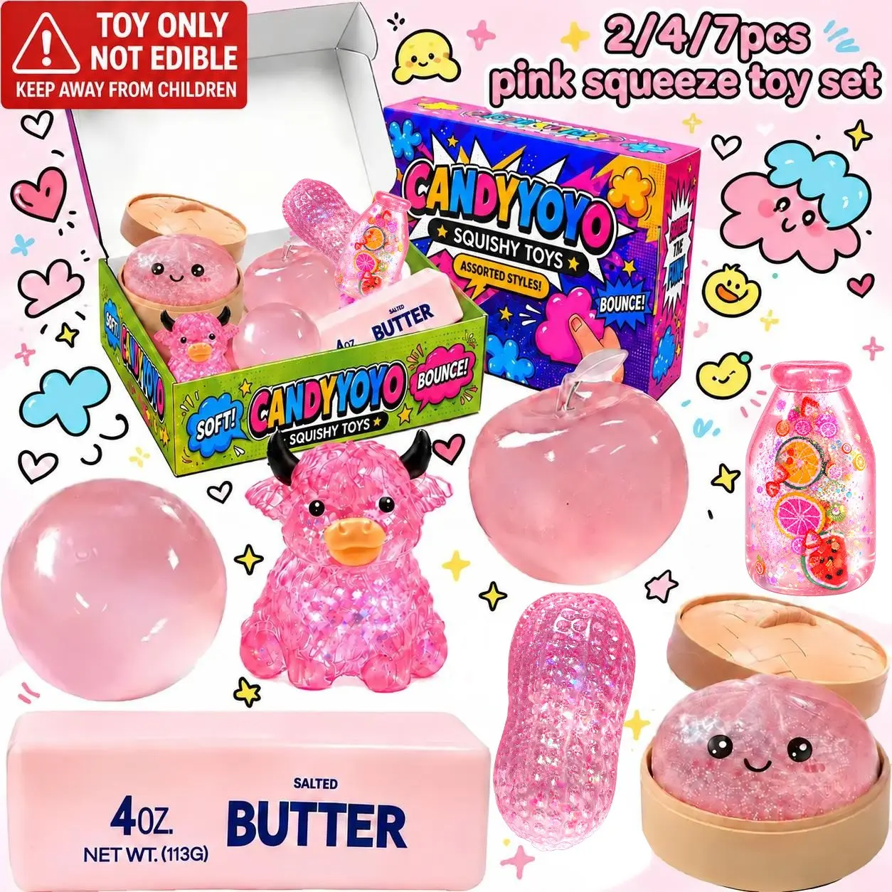 2/4/7 Pack Pink Series Glitter Squeeze Stress Relief Toys, Stress Relief Fidgets, Soft Portable Sensory Fidget Balls, Apple Round Ball Butter Stick Bun peanuts Squishy Toys, Sparkly Squishies, Ideal Birthday & Party Gifts for Kids Adults