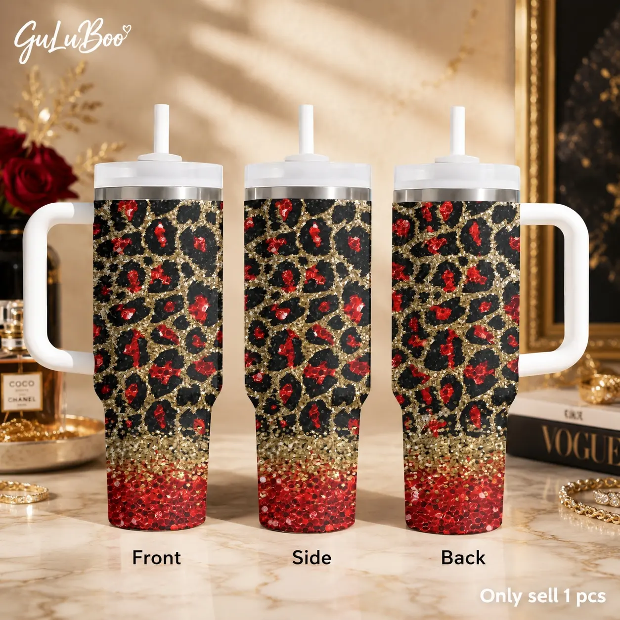 Sequin Gold Leopard Prints Vacuum Flasks 40oz Stainless Steel Tumbler Drinkware with Handle & Straw – Vacuum Insulated Travel Mug, Keeps Drinks Cold Up to 24H, Leak-Resistant Cup for Iced Coffee, Water, Gym, Office & Travel