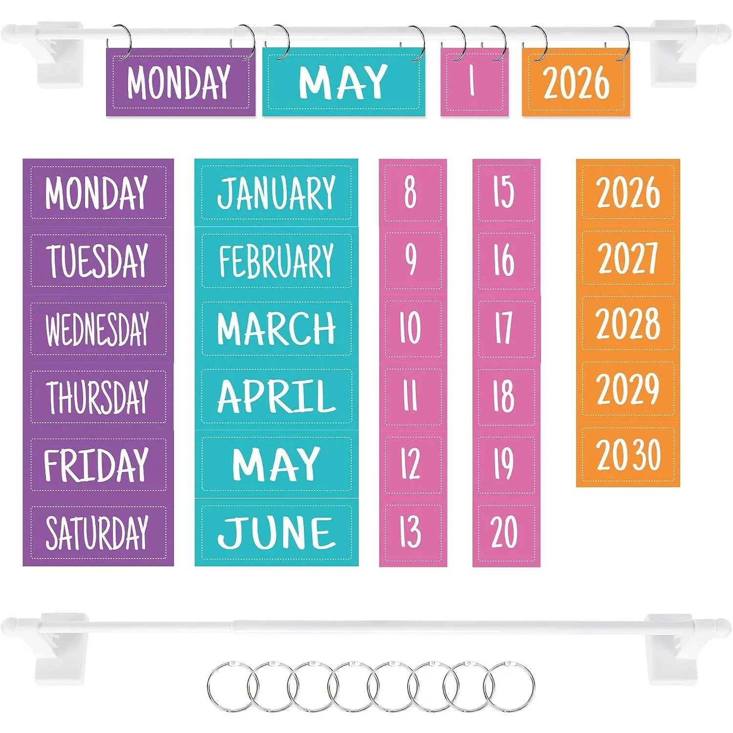 Flip Calendar for Classroom Whiteboard Adjustable Rod | Large-print Laminated Date Cards,Rainbow Style,Bulletin Board Accessory for School &  Decor,Teacher Supplies