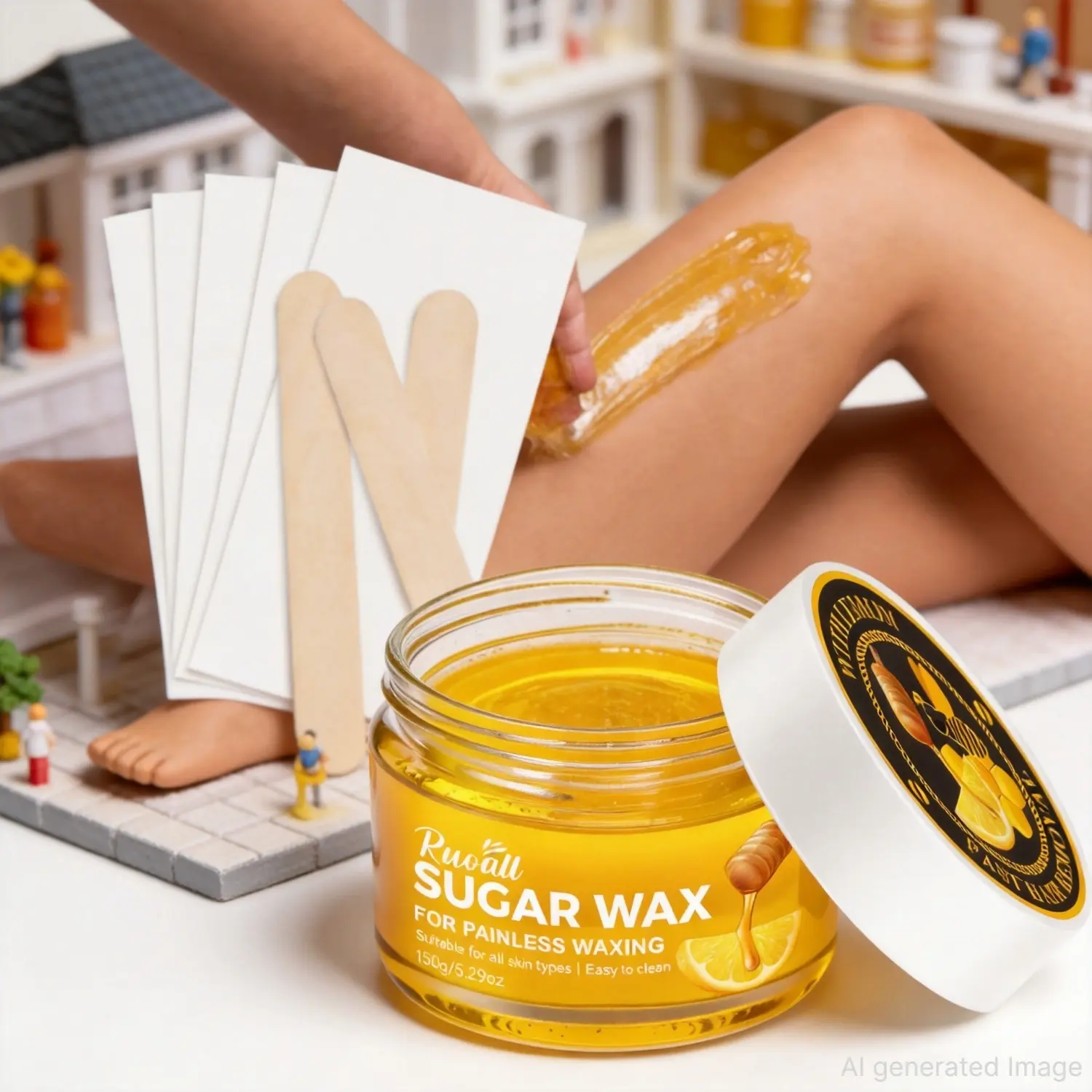 Gentle Lemon Sugar Wax Set, Natural Painless Sugaring Hair Removal Paste Leg Wax Complete Kit for Full Body Smooth Skin, Beginner Friendly Home Waxing Supplies, Easy Hair Removal