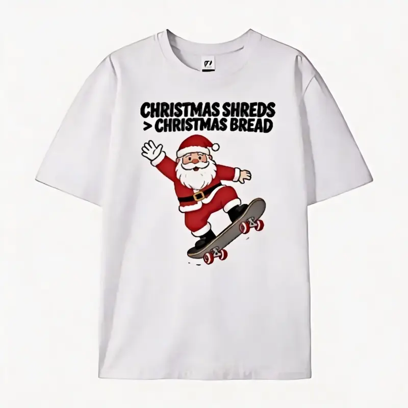 Men's Short-Sleeve Oversized Cotton T-Shirt - Christmas Skateboarding Santa Graphic, Cute Xmas Outfit, Best Gift for Lovers, Comfortable Casual Fashion Clothes, Shortsleeve