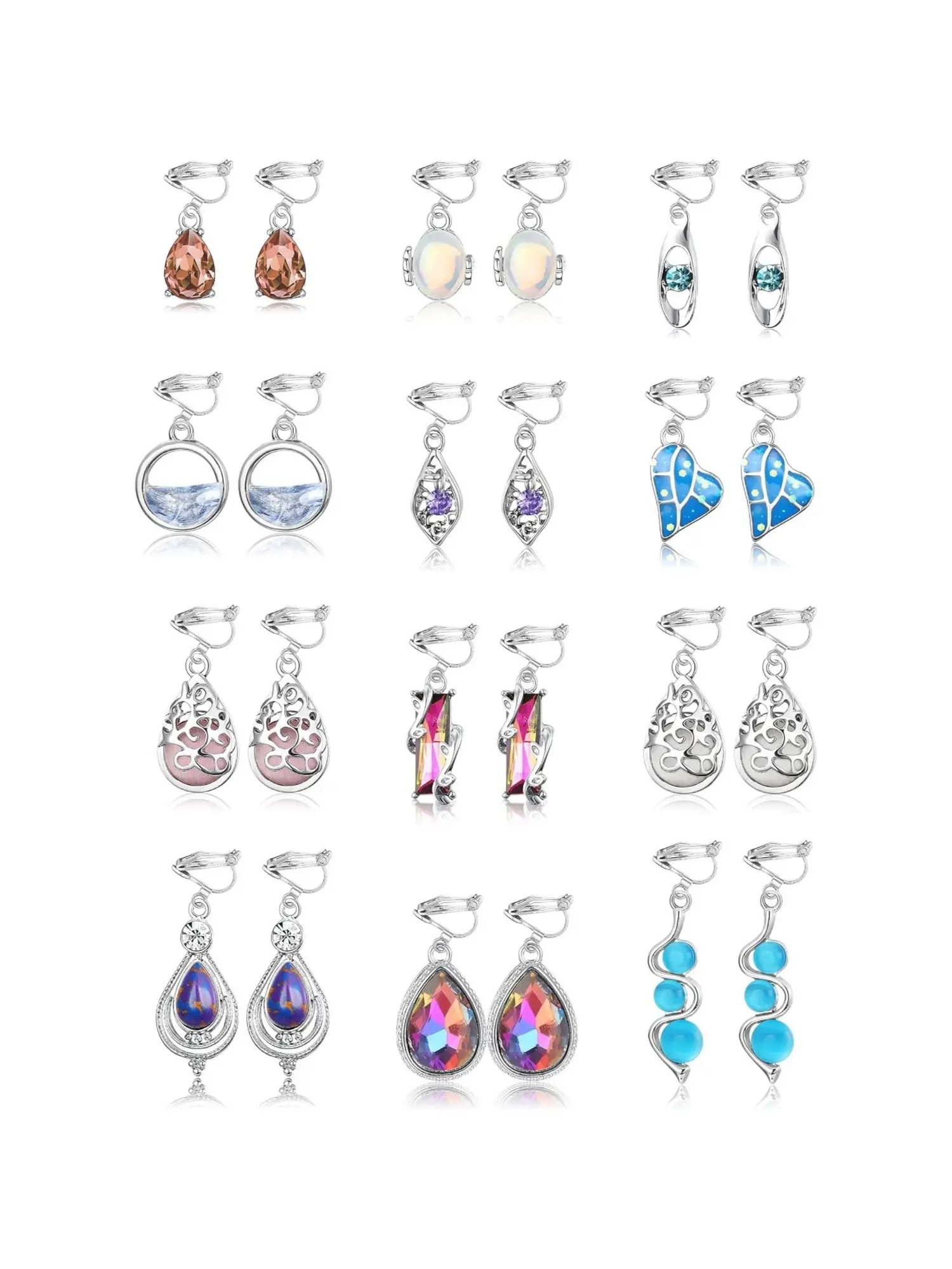 12 Pairs Trendy Distinctive Vivid Designs Dangle Clip on Earring Bundle for Women Men Fashion Lovers Non-piercing Spring Clip Alloy Ear Jewelry Collection Colorful Layered Ear Aesthetics Suitable for Office Commuting Casual Dating Clip on Earrings
