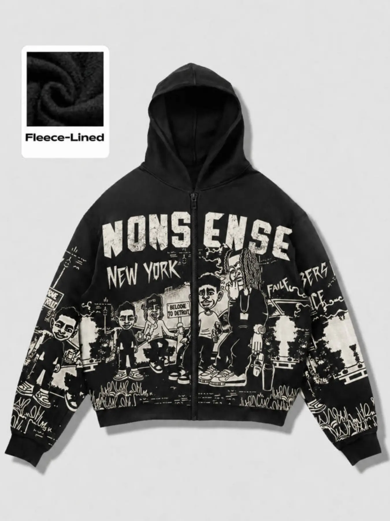 New York Hip Hop Zipper Hoodie, Vintage Cartoon Print Jacket, Loose Fit Streetwear, Teenager Punk Hooded Coat, Fall Winter Fashion Ootd