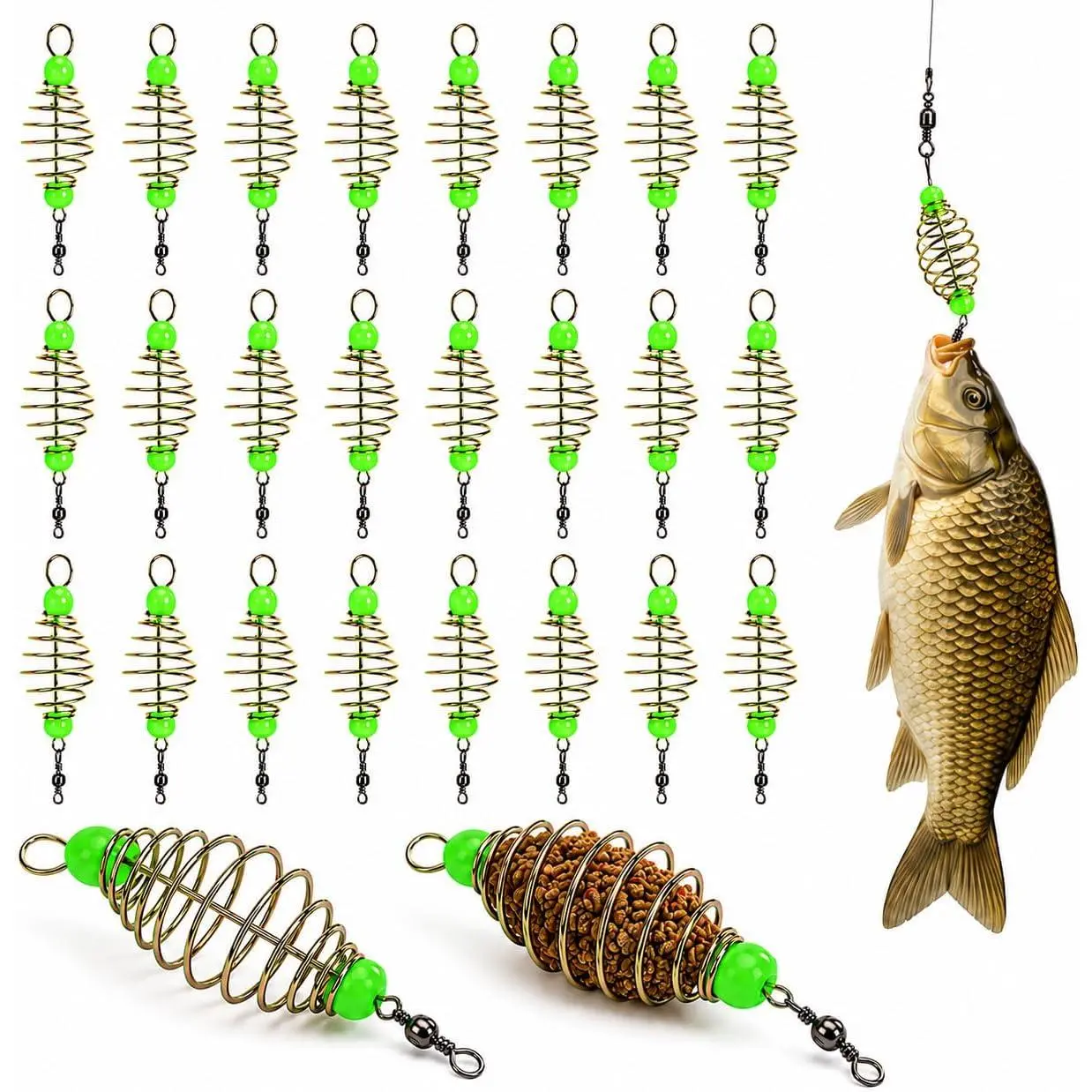 24 count Fishing Feeder  Cage with Luminous Bead: Carbon Steel Spring Carp Holder Olive Shape Feeder Pack   for Carp Freshwater Saltwater