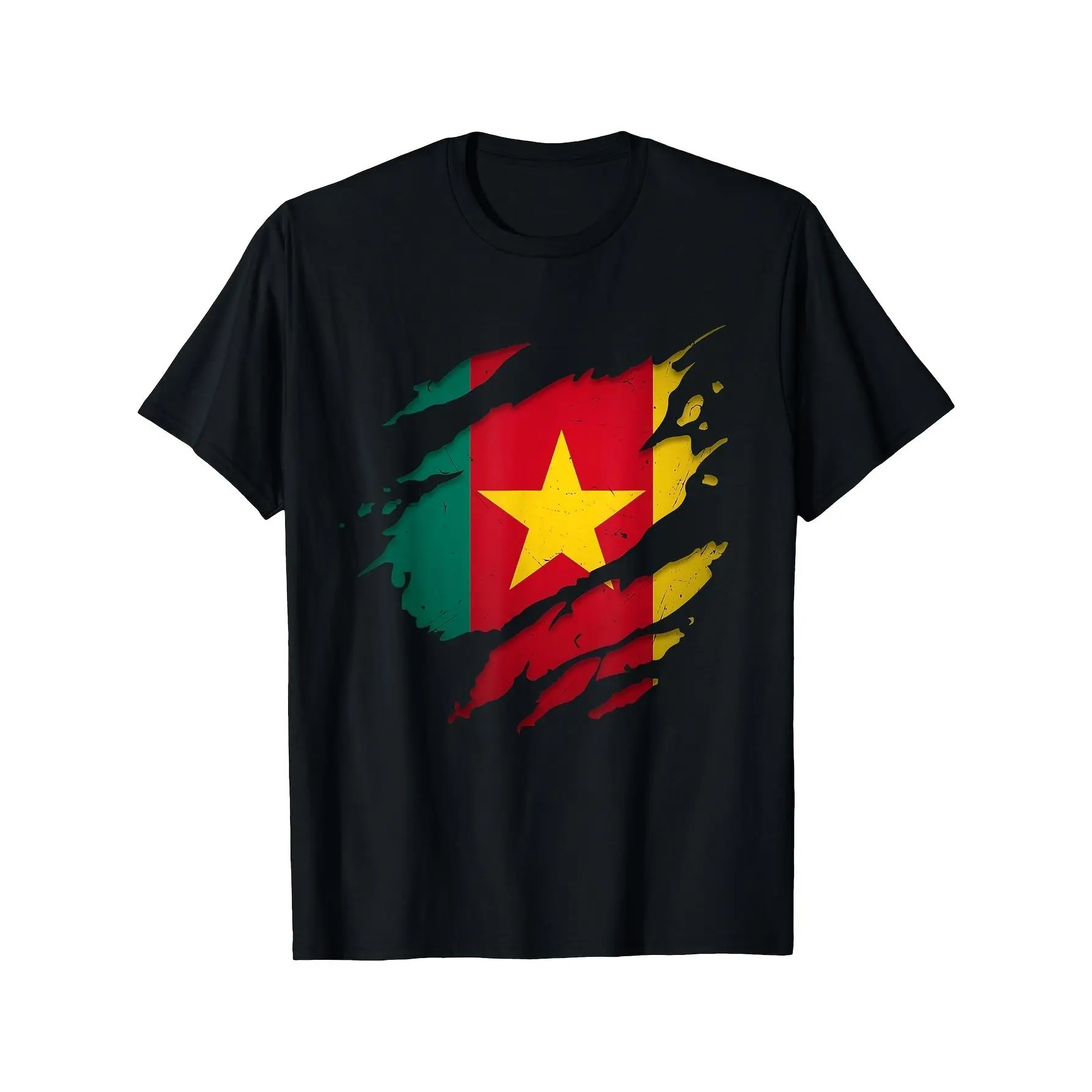 Men's Basic Loose Cameroon Flag Print T-Shirt - Black, Short Sleeve Round Neck, Moderate Fit, Foldable, All Seasons Menswear Top, S-XXXL Sizes, Ideal Gift for Dad, Cameroonian Pride Streetwear