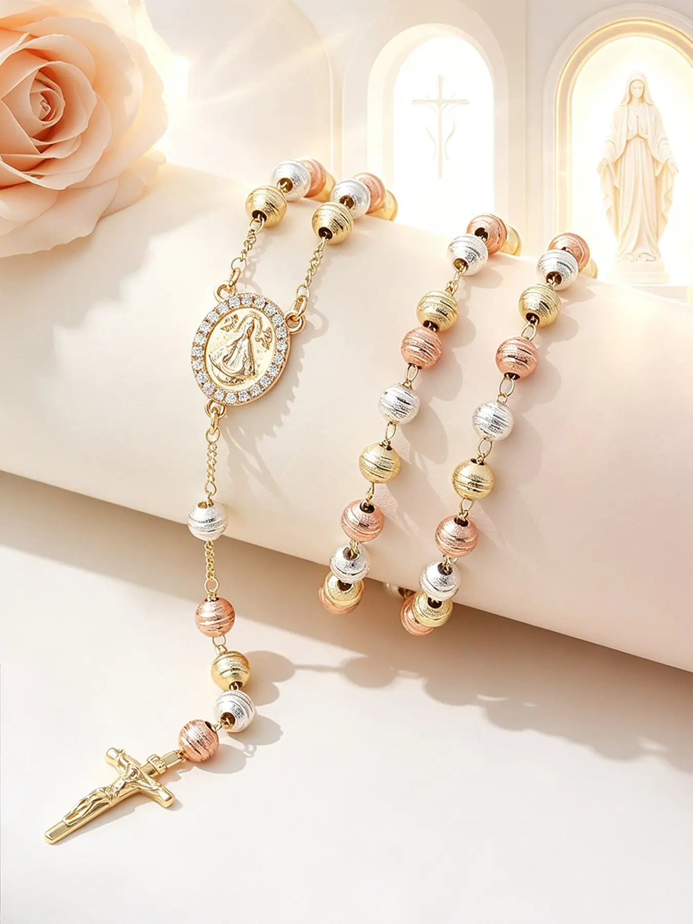 1 Piece Exquisite Fashion Our Lady of San Juan de los Lagos & Jesus Crucifix Rosary Necklace, Shinny CZ Inlaid Oval Medal, Tri-Color Beads Virgin Mary Y-shaped Necklaces, Catholic Religious Prayer Jewelry for Women