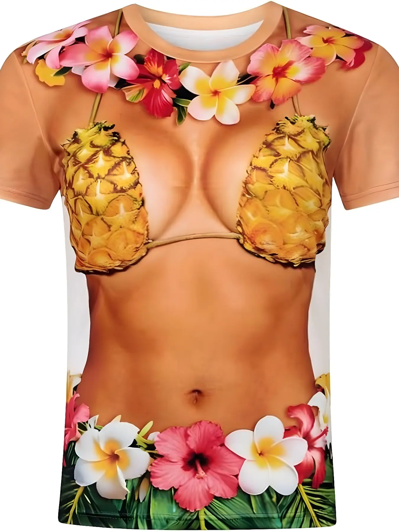 Funny Tropical Hibiscus Print Short Sleeve T-Shirt, Summer Clothing, Casual Loose-Fit Round Neck Top, Fun Beach Vacation Wear, Unique Fashion Tee