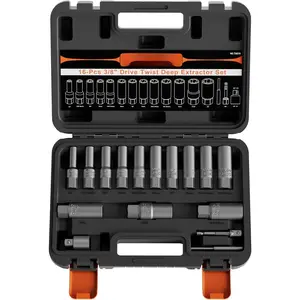 16 count 3/8" Deep Well Bolt Extractor Set, Spark Plug Removal Extraction Socket Tool, Extractor Set for Damaged, Frozen, Rusted, Rounded-Off , Studs, Nuts & Screws, Cr-Mo Steel