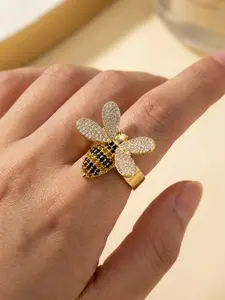 Sterling Silver Bee Open Ring, Vintage Courtly Style, Plated, Zirconia, Adjustable Band, All Seasons Jewelry
