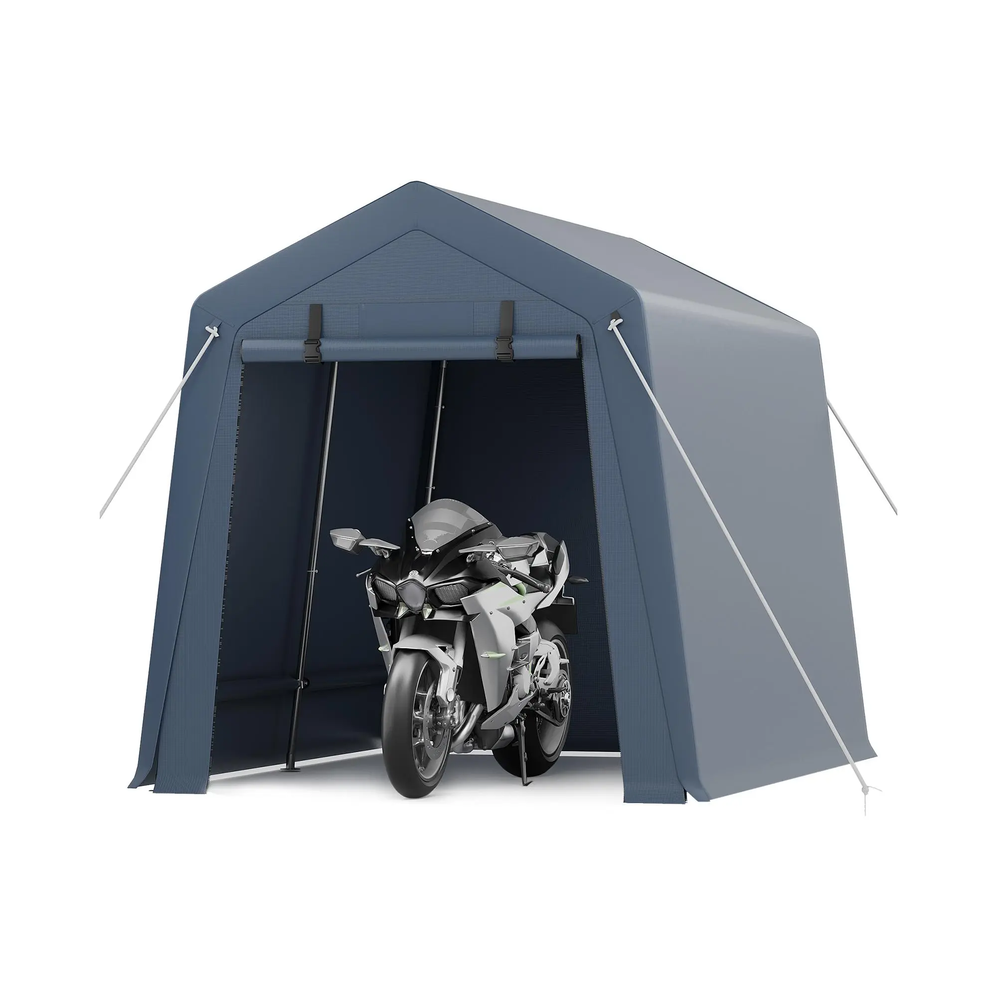 7x10 ft Two-Section Motorcycle Shelter, Grey, Galvanized Steel and PE, Roll-Up Zipper Door, Portable Storage Canopy