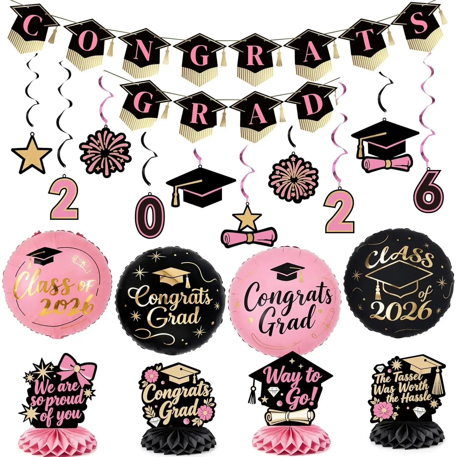 Women's Class of 2026 Graduation Decoration Kit - 19pcs Durable Black-Gold-Pink Supplies, Easy-Install Congrats 2026 Banner, Spiral Ornaments, Foil Balloons, Grad Cap Centerpieces for Indoor Party Occasion (Ideal Gift)