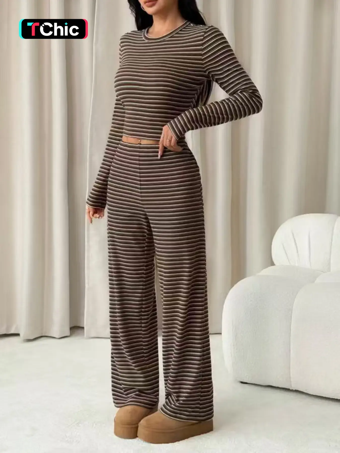 Women's Casual Striped Long Sleeve Top and Pants Set, Stripe Matching Set, Womenswear, Fashion Clothing Set, Slim Fit for Daily Wear, Everyday, Stylish Comfortable Two-Piece Set Outfit, Lady