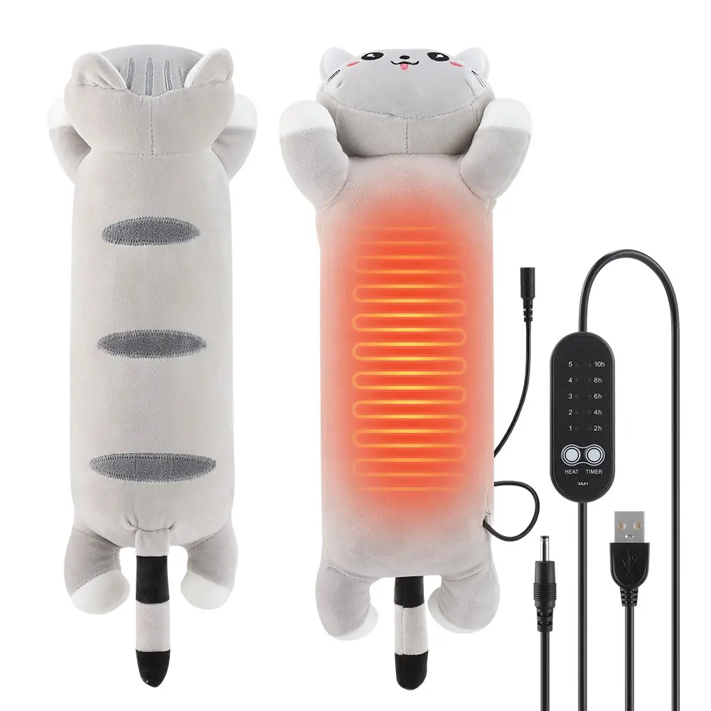 5-Heat USB Heated Cat Plush Pillow – Cozy Warming Animal with Timer, Soft Cuddle Buddy for Couch Bed Travel, Gift for Women Teens, Adorable Animal Design