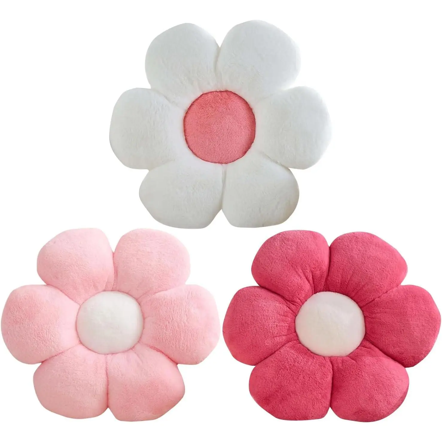 3PCS Flower Pillows 15.7" Pink Plush Daisy Throw | Cute decorative soft seating cushion for bed, sofa, chair, couch, bright pink floral accent with cozy home decor.