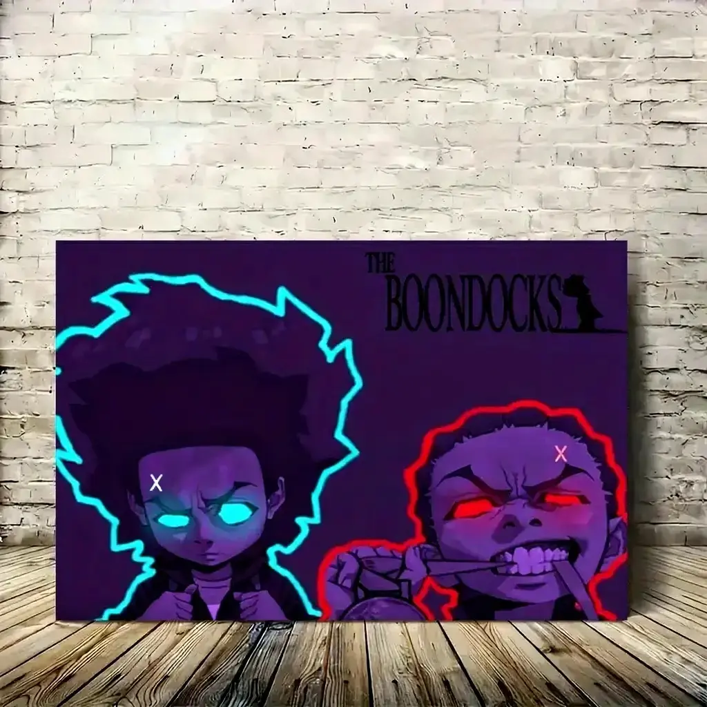 The Boondocks Anime Official Characters Canvas Poster Wall Art with Neon Blue-Red Accents, 1-Piece Painting Home Decor Items for Living Room-Bar, Gift Idea for Anime Fans, One Piece, Bedroom Decor