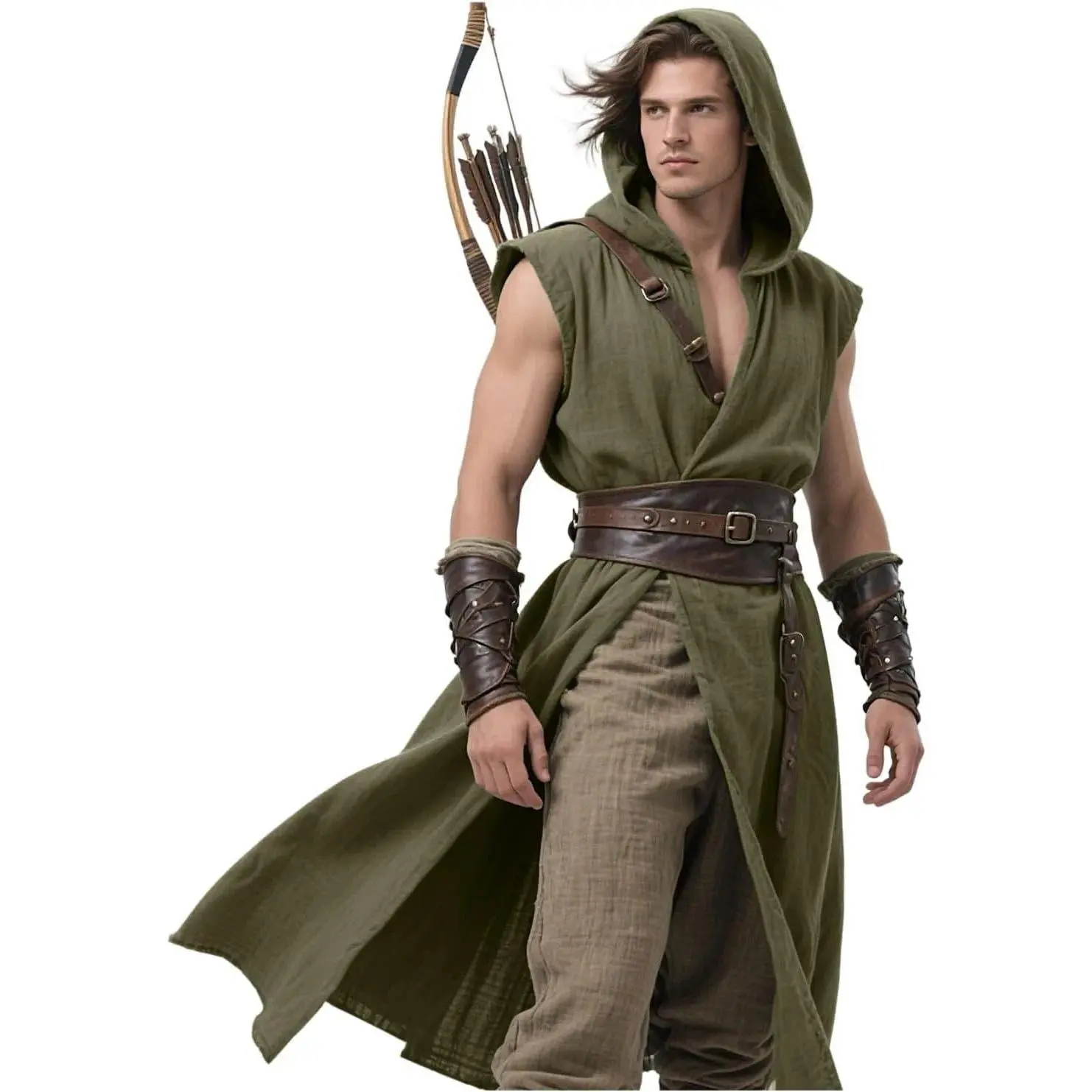 L'VOW Men's Polyester Mix Hooded Surcoat - Sleeveless Renaissance Tabard Tunic Hooded Cape Viking Clothes for Halloween Assassin Cosplay, Menswear, Multi-Size, Acrylic, Historical/Period
