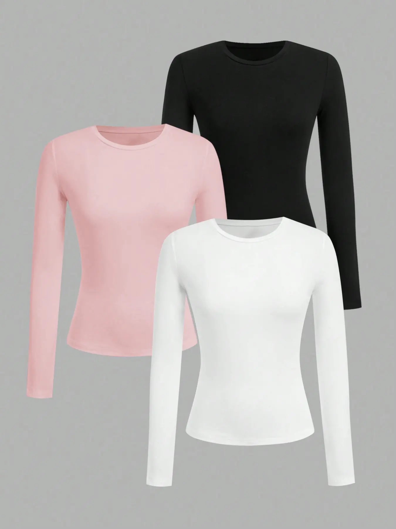 3-Pack Women's Basic Round Neck Long Sleeve T-Shirts, Slim Fit Slimming Inner Top, Layering Underwear, Fashionable Casual Wear