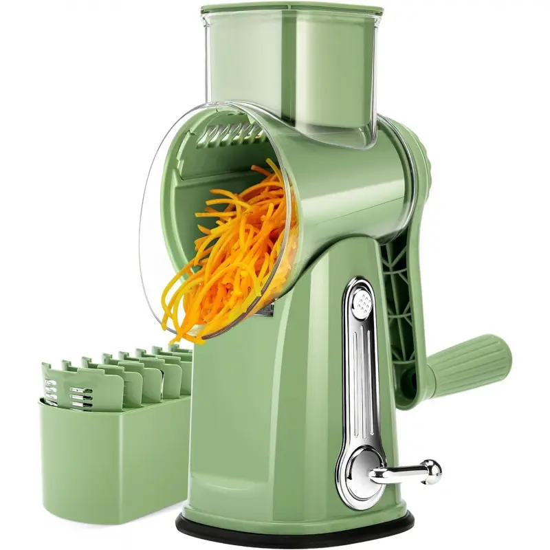 Vintage Green Manual Rotary Cheese Shredder with Ergonomic Handle, 5 Different Blades Vegetable Cutter Mandoline Slicer, Stable Suction Cup Base with Blade Storage Container, Multifunctional Kitchen Food Grater Chopper