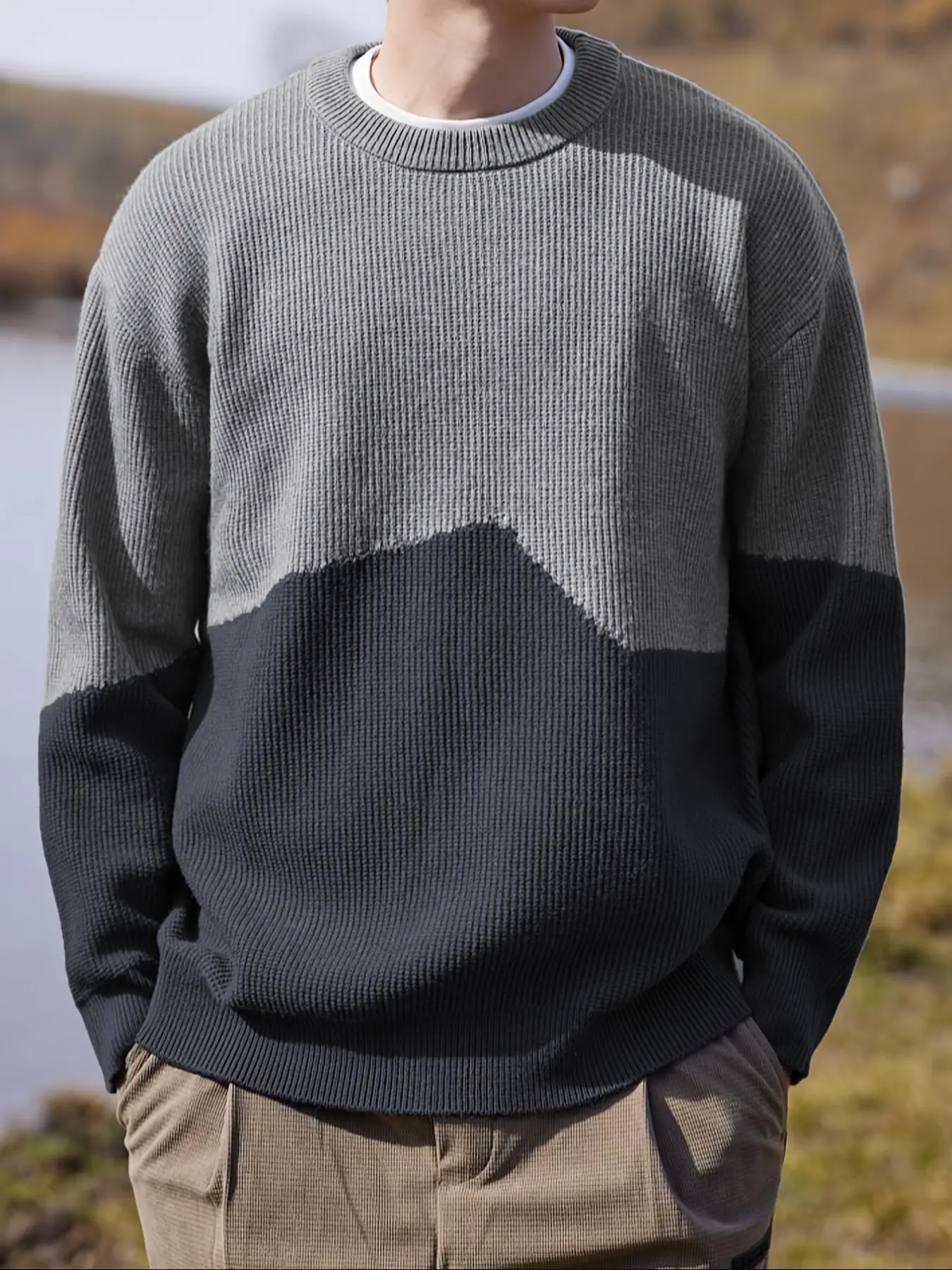 Men's Color Block Crewneck Sweater Textured Waffle Knit Drop Shoulder Relaxed Fit Long Sleeve Pullover Premium Soft Fabric Casual Everyday Wear Fall Winter Streetwear Outdoor Work Layering Jumper Knitwear for Men Young Adults Grey Charcoal Grey